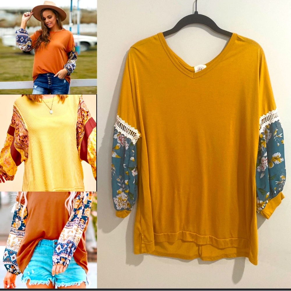 Emma + Grace Bohemian Golden Wheat Top with Green Floral Sheer Balloon Sleeves